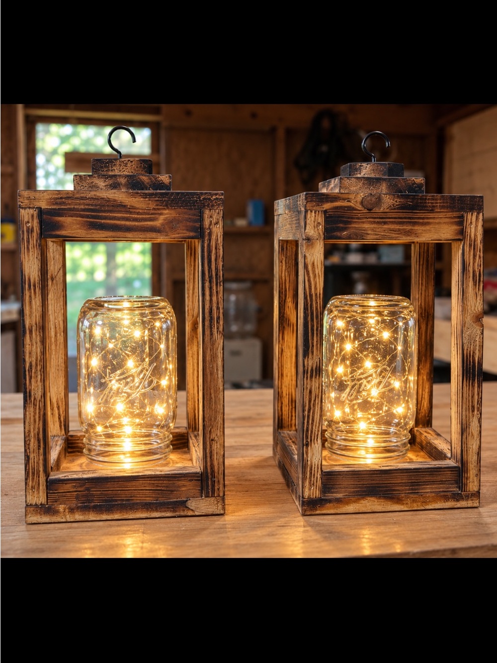 Rustic Wooden Lantern with Warm White Mason Jar Lights - Unbranded